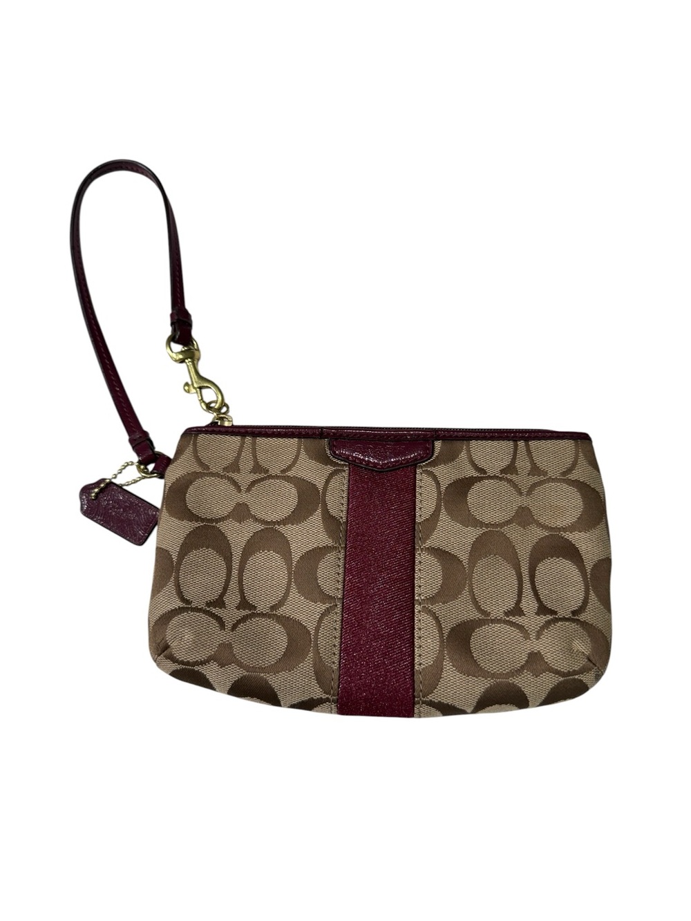 Coach Signature Canvas Clutch Wristlet Maroon Center Stripe - 7.5" x 4.5"